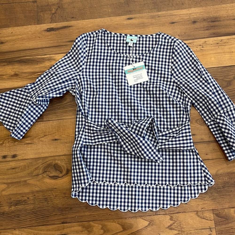 Navy and white checked blouse